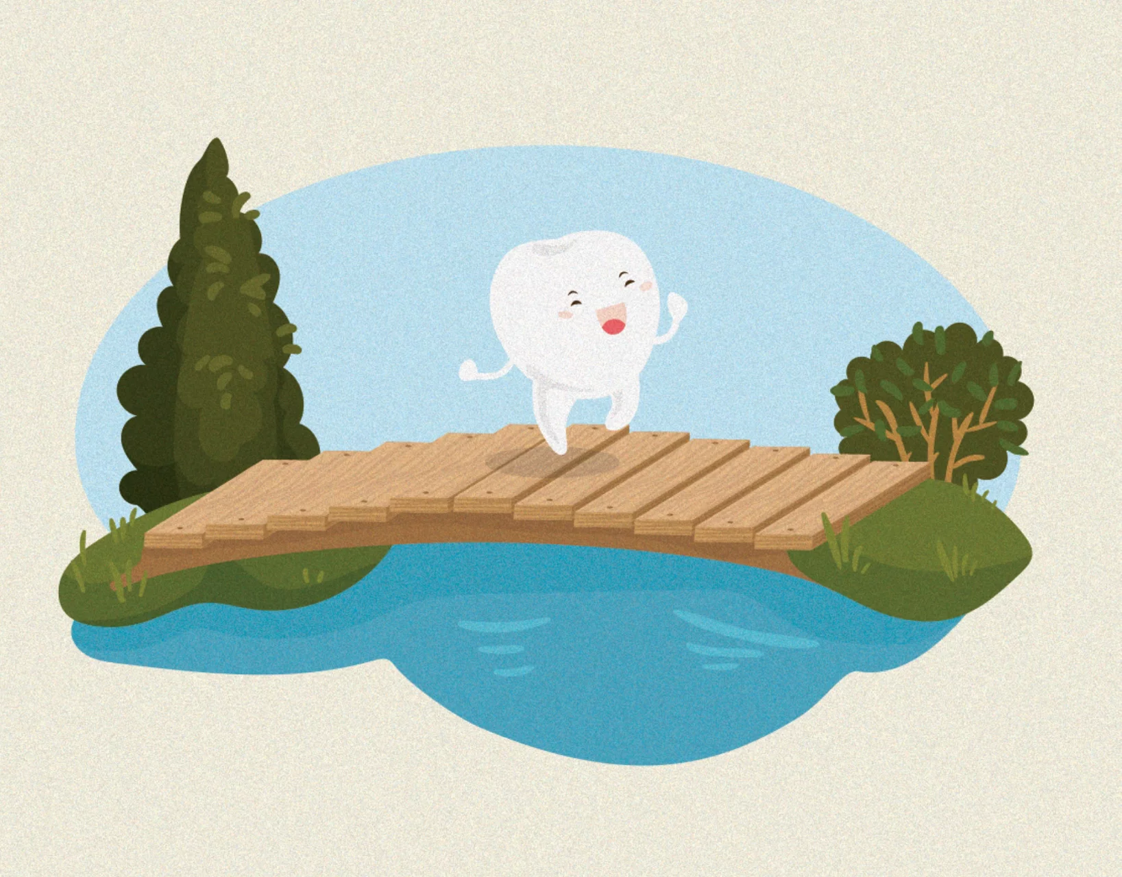 A tooth walking over a wooden bridge