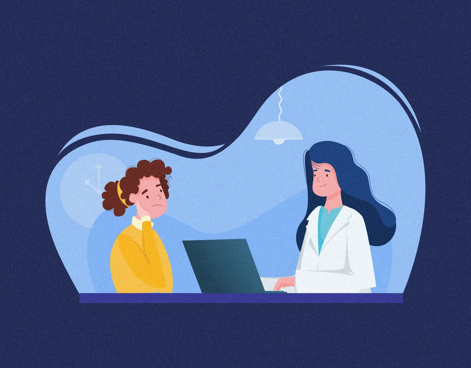 a woman and her doctor going over the patient's dental history.