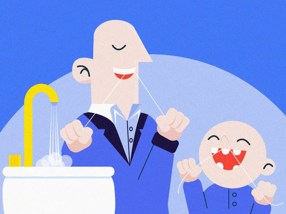 Man and child flossing