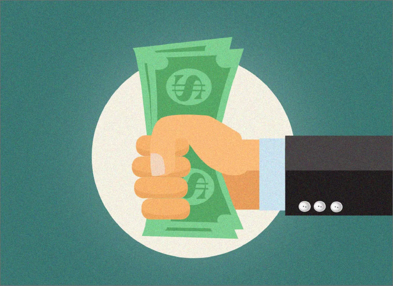 Illustration of a hand holding dollar bills on a green background