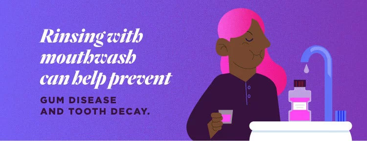 Woman with pink hair gargling mouth wash