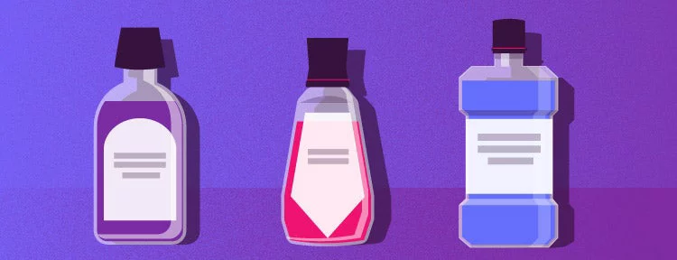 Mouthwashes of various colors and bottles
