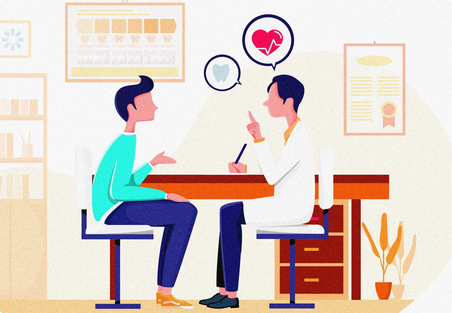Illustration of dentist sitting and talking about patient about connection between heart health and oral health