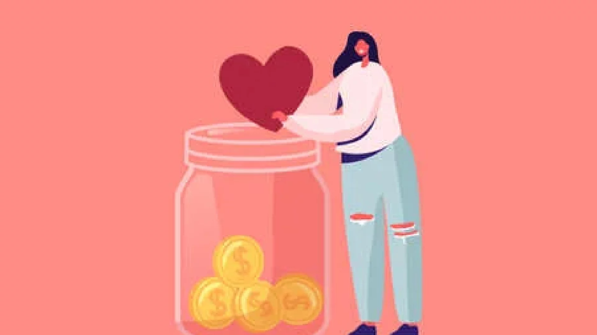Woman holding heart over a jar with money inside