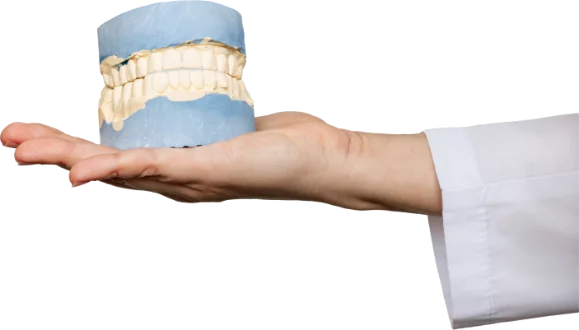 Image of porcelain teeth mold being held up by a hand