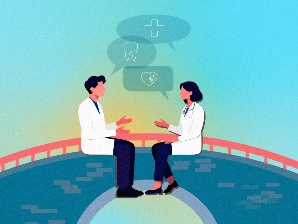 dentist and doctor conversing on a bridge