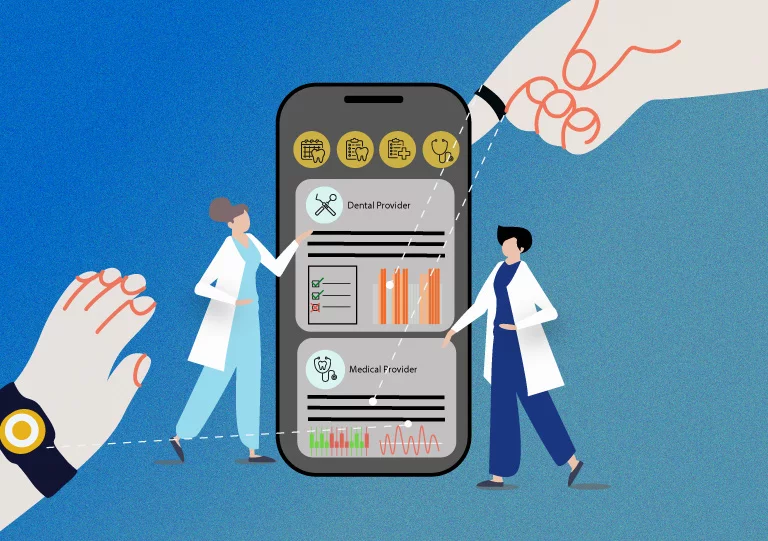 medical professional pointing to charts on a phone