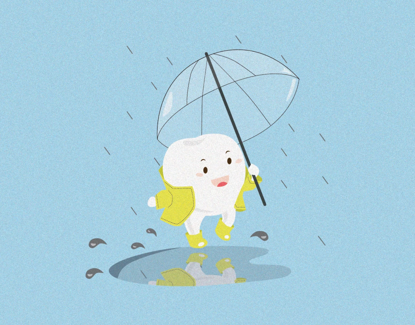 a smiling tooth holding an umbrella while it is raining.