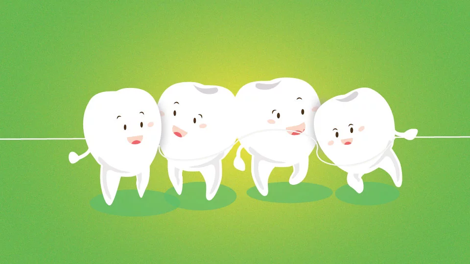 group of teeth smiling at each other with a line of floss