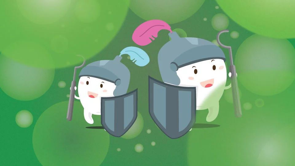 pair of teeth with armor and helmets