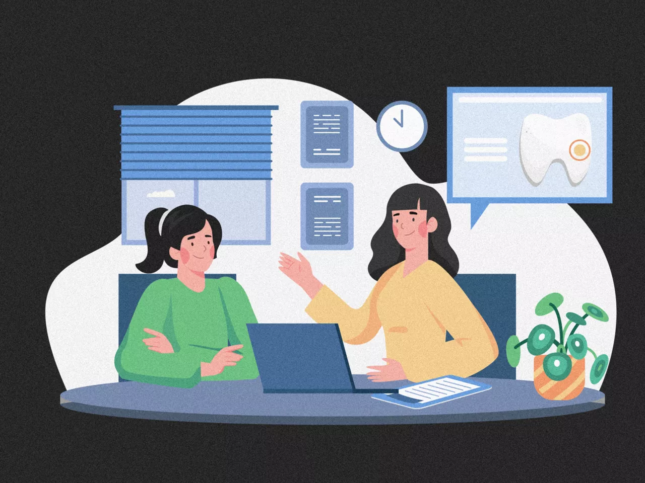 Illustration of two women sitting by a desk and talking about teeth