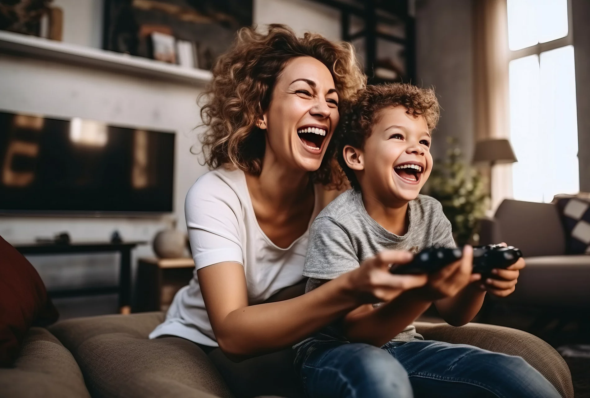 Woman and Boy laughing and playing video games