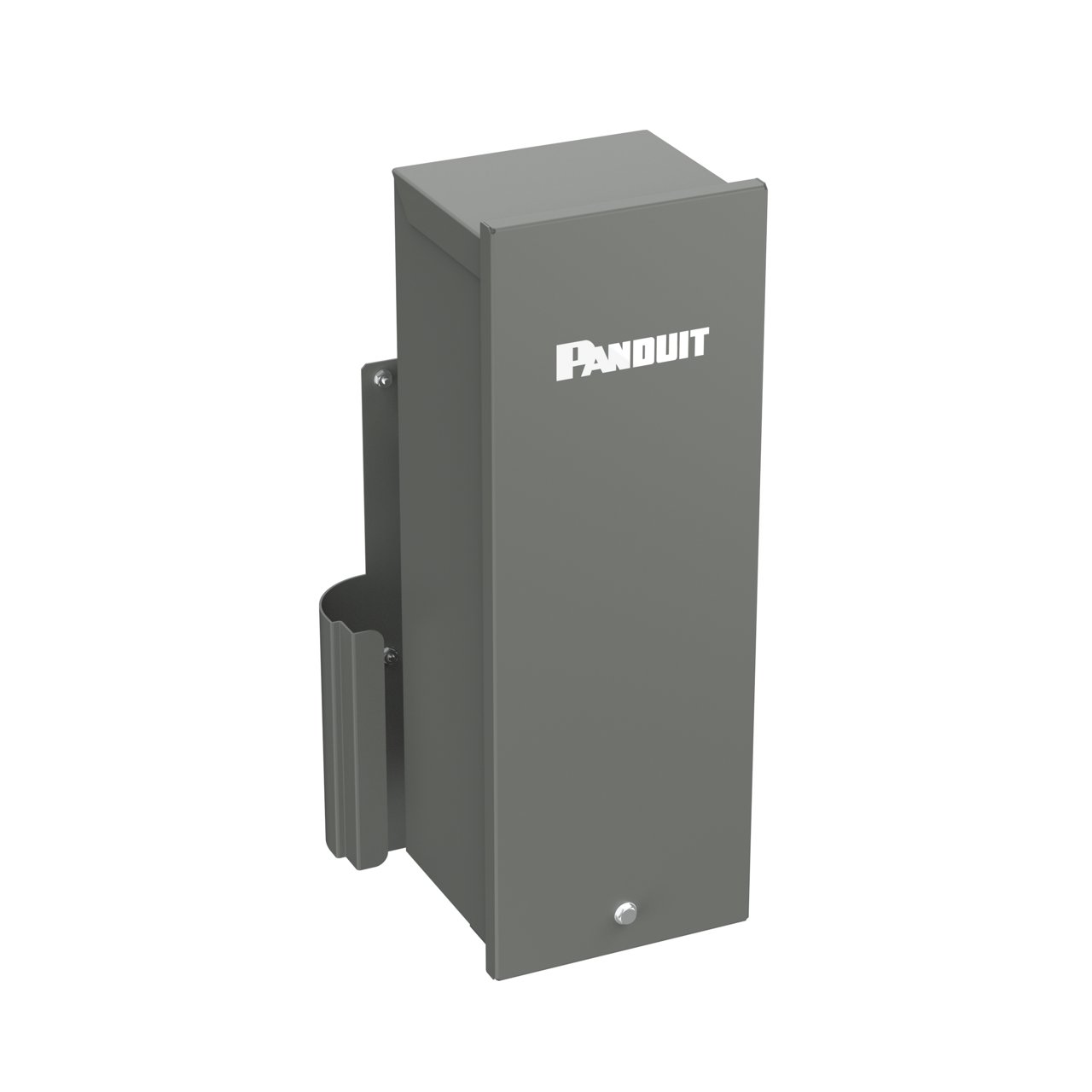 a black Panduit fiber splice enclosure for use in a fiber pedestal