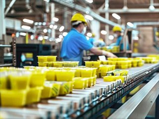 food containers move along a conveyor belt with a worker in the background