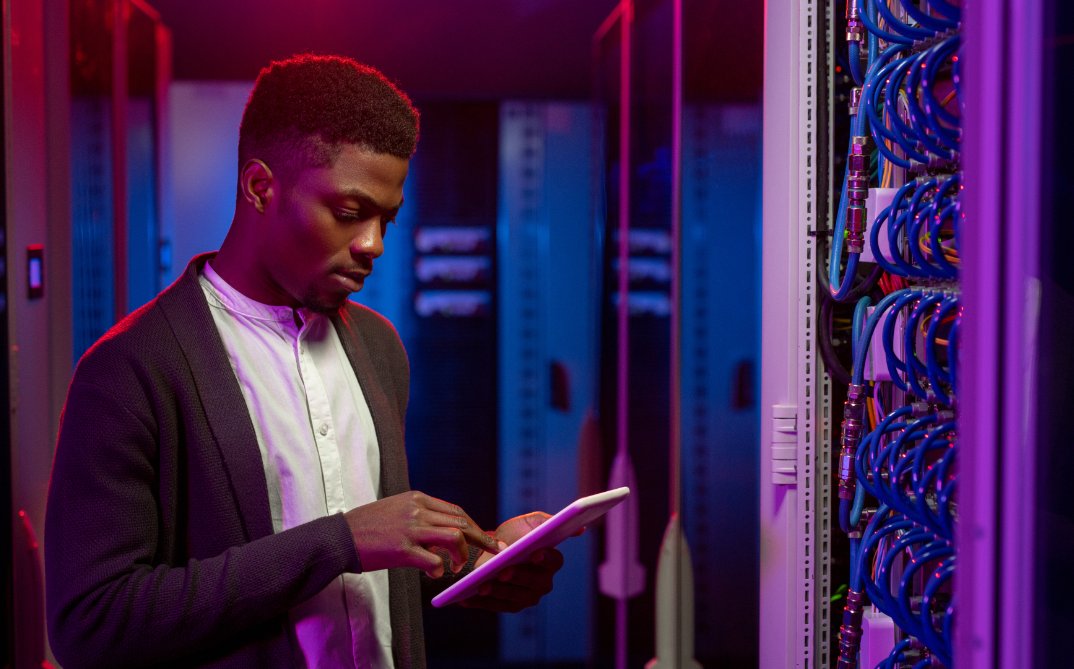 man reading digital pad