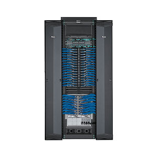 A 4-post rack with vertical cable managers on both sides