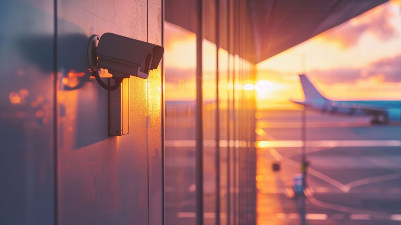 A sunset view of an airport with surveillance cameras mounted on the wall, capturing airplanes on the ground. The sky glows with orange and pink hues.