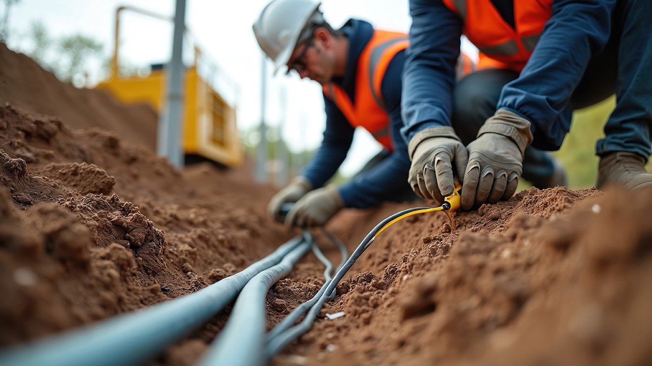 Workers in safety equipment place fiber optic cables in a trench