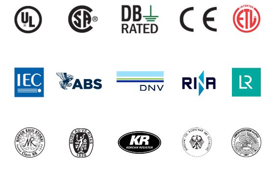 Logos showing certifications including UL, RoHs, etc. 