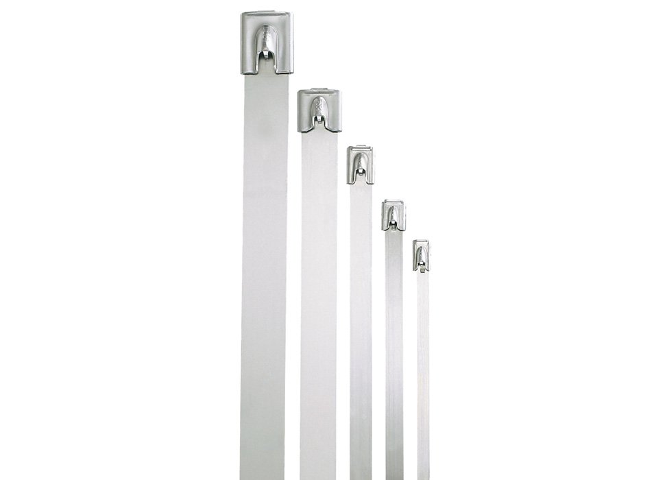 A collection of StrongHold stainless steel ties and strapping displayed from largest to smallest in size