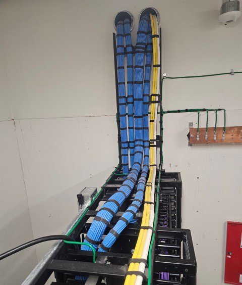 A Panduit 4-post rack with vertical and horizontal cable managers and connected network switches