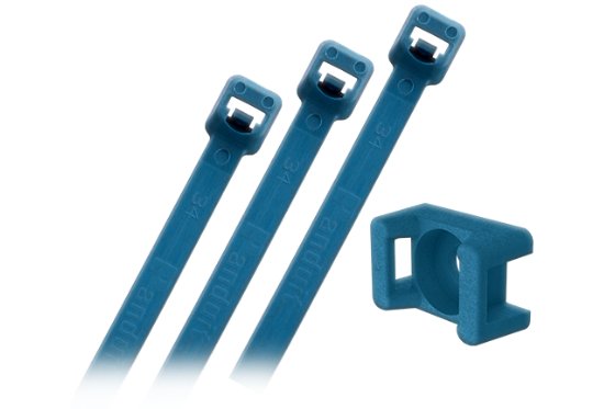  Three blue plastic clips and a holder, designed for Panduit antimicrobial cable ties and mount, neatly arranged together.