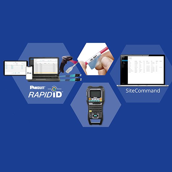 a series of hexagons in shades of blue, showing RapidID network mapping system and data center infrastructure management tools