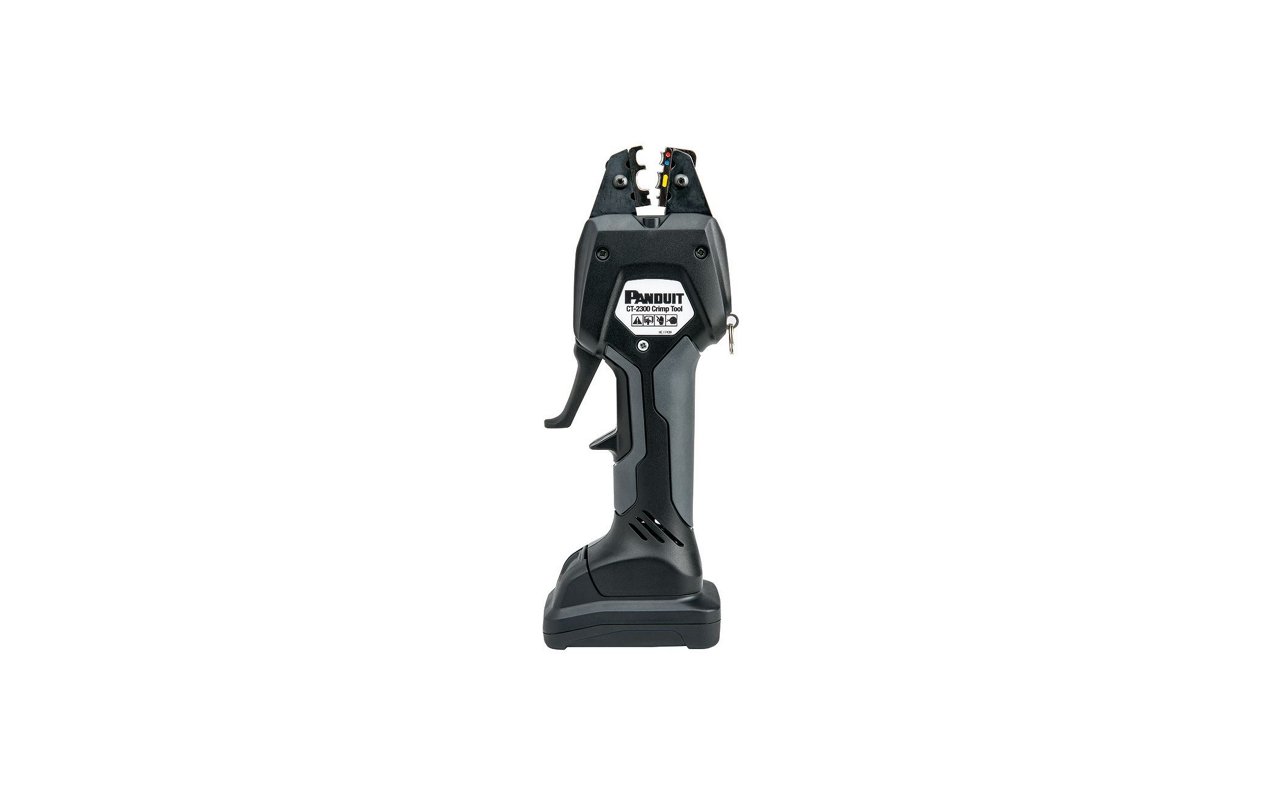 A black electrical tool with a white background
