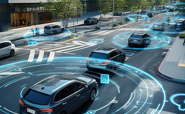 Autonomous self-driving cars on a city street