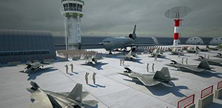 Rendering of a government airfield with military airplanes, air control tower, and military personnel