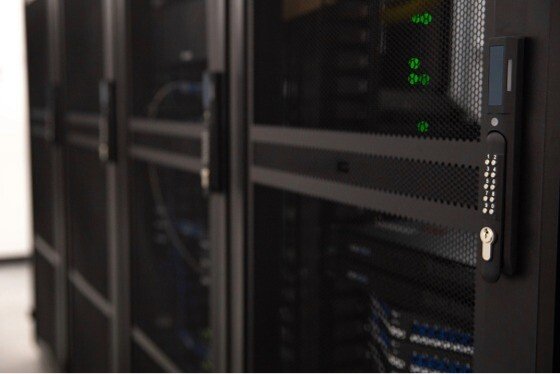 A row of Panduit FlexFusion cabinets inside a data center