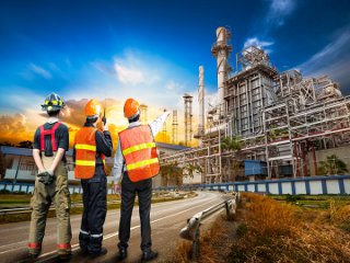 Three men in hard hats standing in front of an oil and gas facility