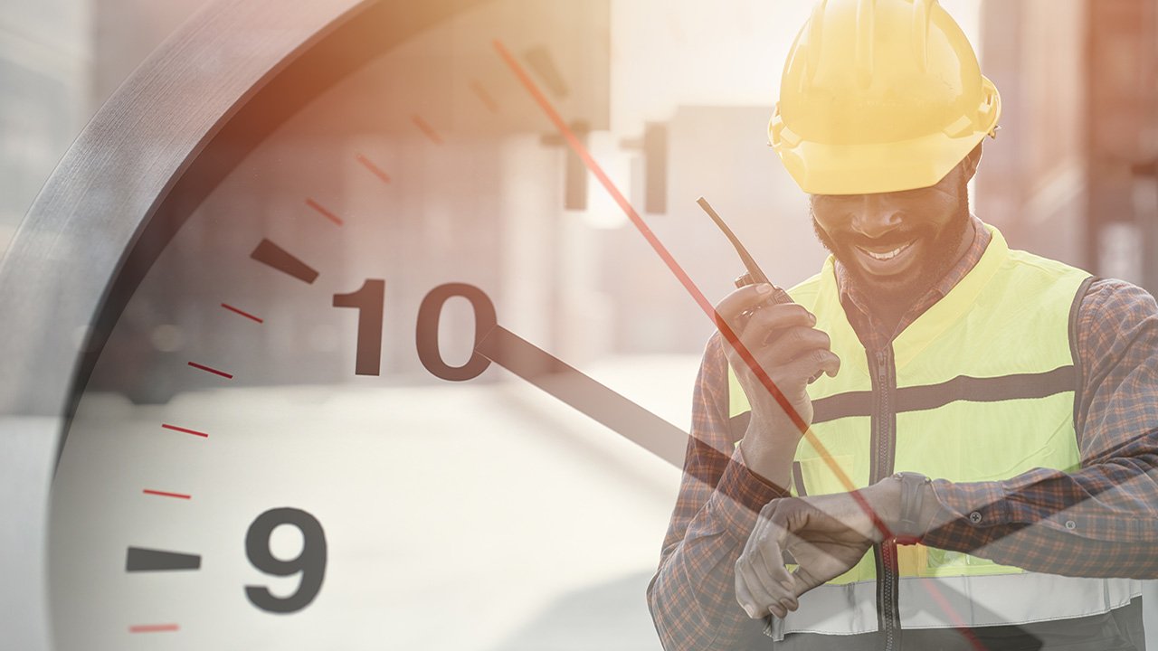 Man in a hard hat and safety vest using a radio and looking at his watch, superimposed on a closeup of a clock