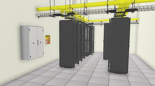 Two rows of data center racks in a small central office space, with cable pathways overhead and a fiber splice enclosure on the wall