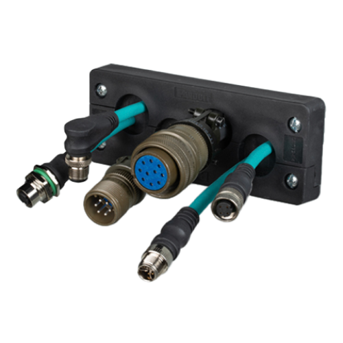 Rectangle cable entry system with terminated cable coming out of the side on a control panel