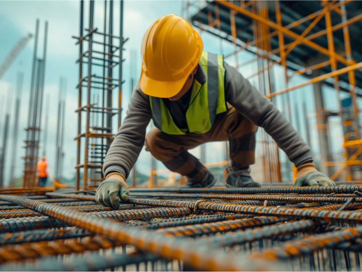 Construction worker laying down rebar