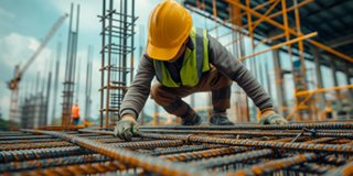 A construction worker wearing a yellow hard hat and safety vest is working on a building site, handling steel rebar. The background shows scaffolding and other construction activities