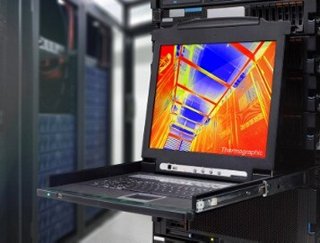 Laptop at end of data center aisle