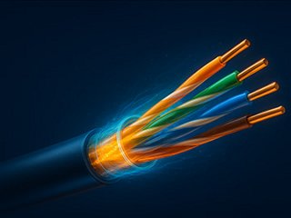 An illuminated piece of cable with four twisted pairs of conductors on a black background