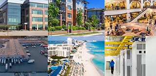 Montage showing six different types of commercial real estate properties: office, multi-family, retail, warehouse, hospitality, data center