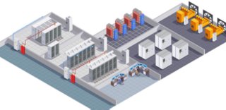 An overhead view of the different spaces that make up a data center
