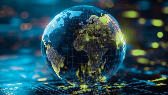Digital globe glowing over a futuristic data landscape