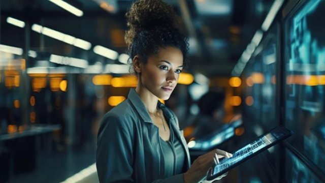 A professional using a touchscreen interface to manage cloud and network operations in a modern data center environment