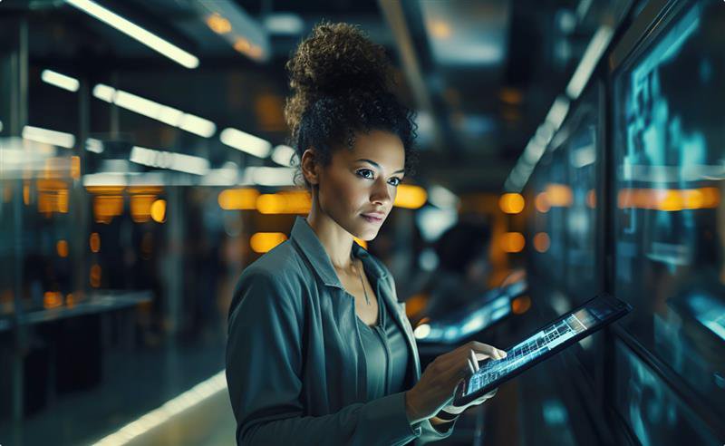 A woman in professional attire stands before a server room, surrounded by racks of servers and colorful indicator lights.