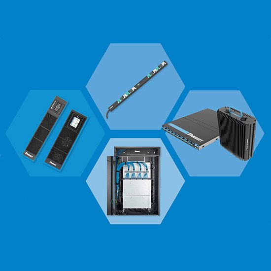 a series of hexagons in shades of blue, showing UPS, network enclosure, AV systems, and fault managed power