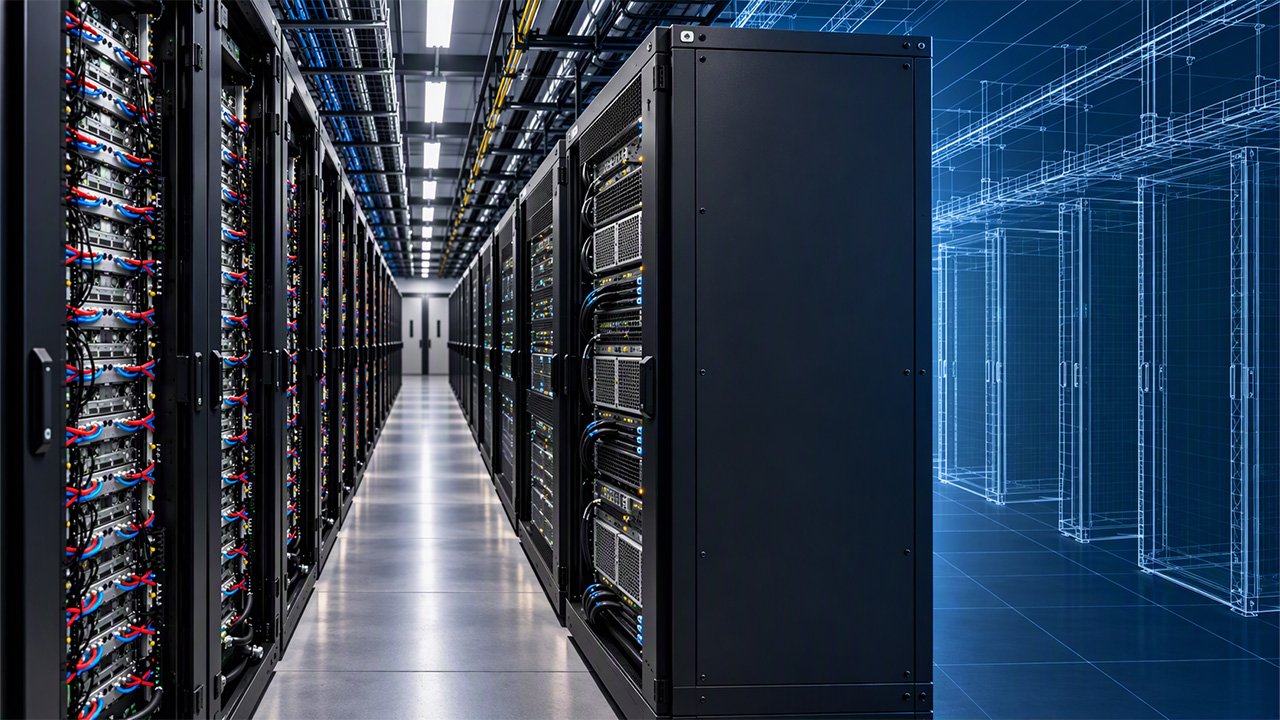 high-density data center layout featuring liquid cooling infrastructure, including rear-door heat exchangers, coolant manifolds, and server racks designed for AI and HPC workloads.