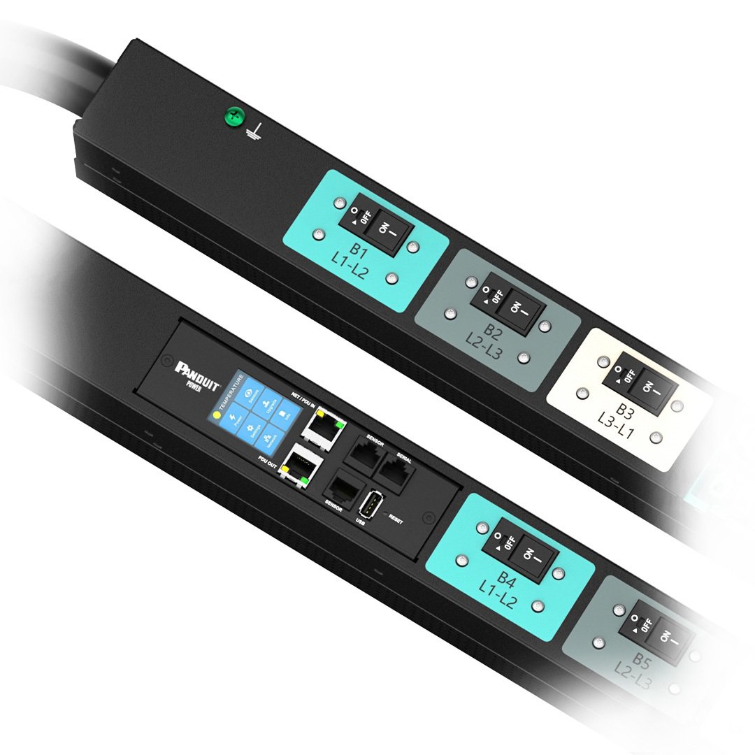 Two images of the Panduit EL2P Power Distribution Unit in black with gray and turquoise accents