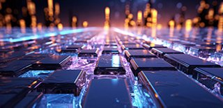 abstract illustration of 3d cubes with lights and cityscape blurred in the background