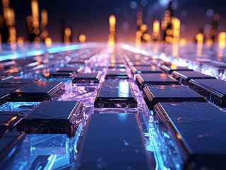 a series of black rectangles with lighting of a city in the distance