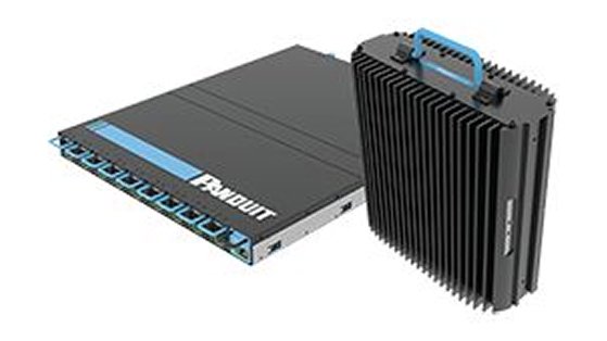 Black metal shelf against a black background, showcasing wire basket overhead cable tray routing